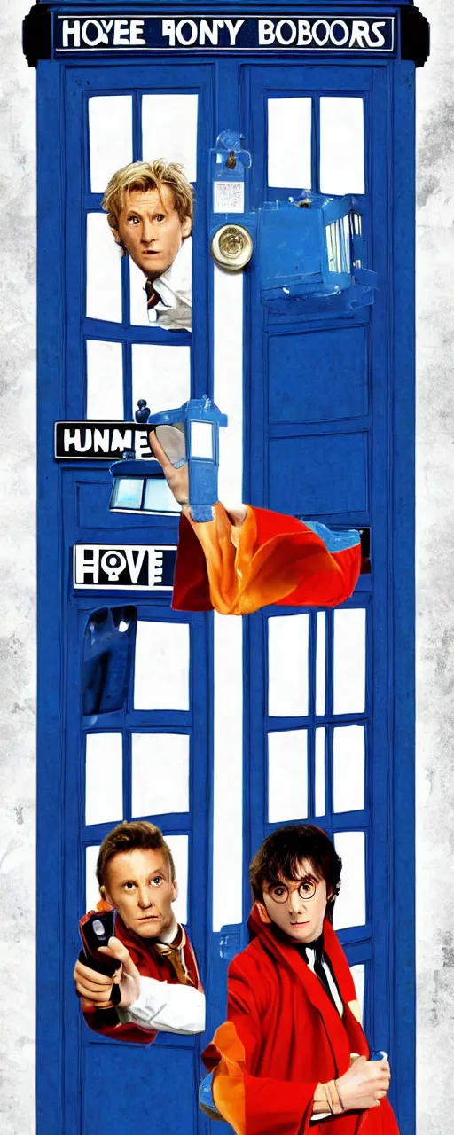 Prompt: a poster for a movie called humanity savers, showing harry potter and dr. who in front of tardis blue phone booth, vivid colors, high resolution, 8 x