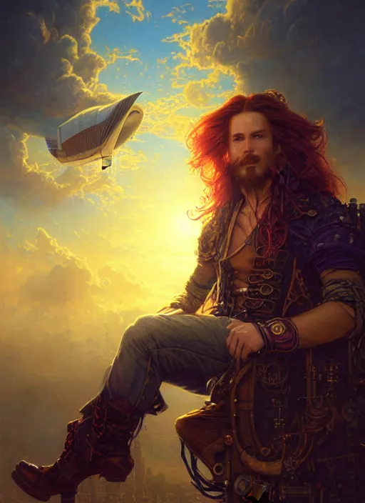 Prompt: portrait painting of a handsome face rugged long hair crimson hair male pirate, top half portrait soft hair steampunk ornate zeppelin blimp airship in the background sky sunset golden hour fantasy soft hair deviantart book cover art dramatic volumetric lighting art by stephan martiniere wlop greg rutkowski gaston bussiere