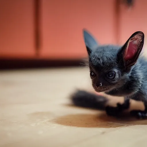 Prompt: a bat kitten, sitting in front of a fridge, photo taken by a nikon, very detailed, 4k