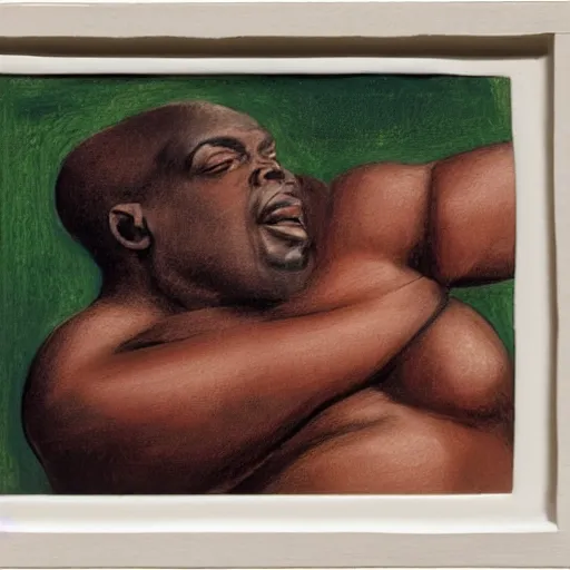 Prompt: closeup portrait of an artist by dora carrington, body like ronnie coleman, 2 0 0 mm prime