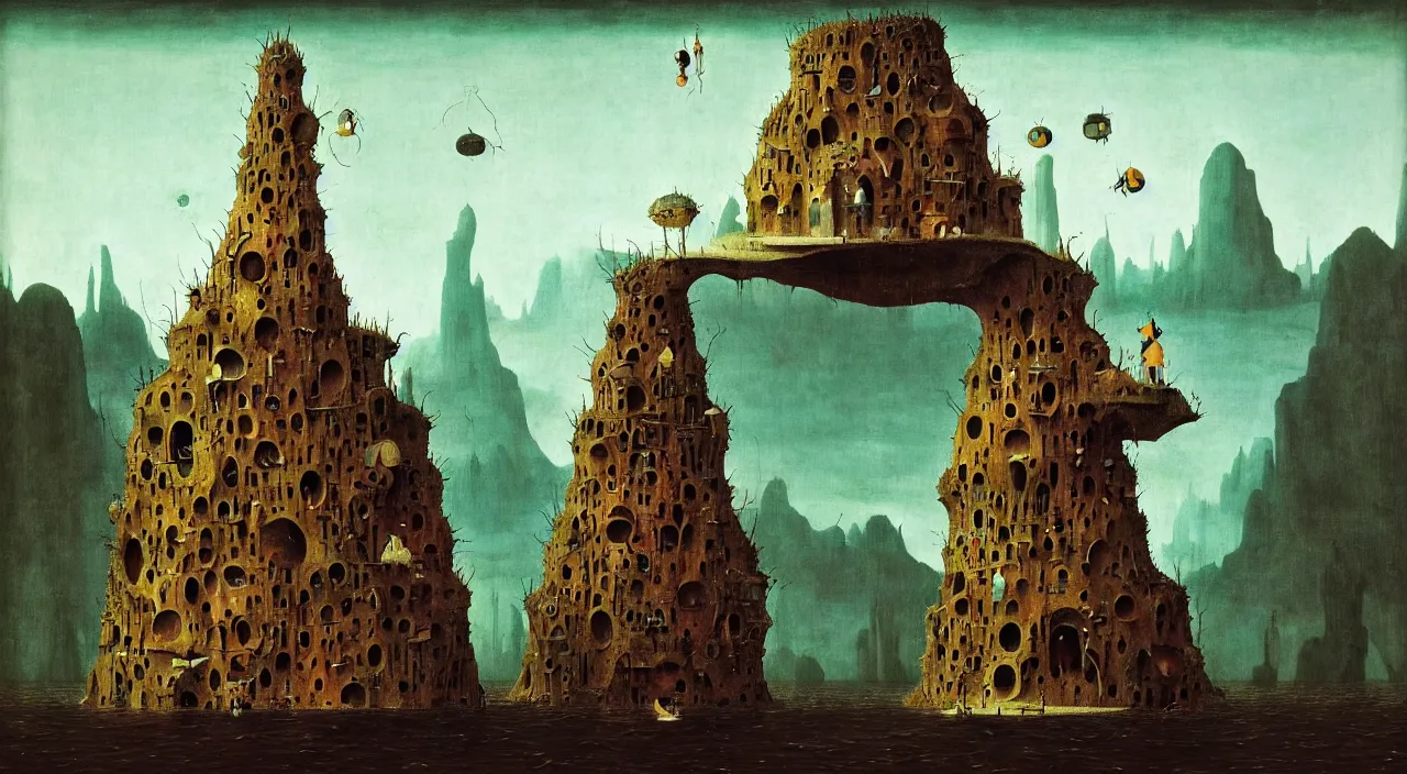 Prompt: single flooded simple!! rock hive tower anatomy, very coherent and colorful high contrast masterpiece by franz sedlacek hieronymus bosch dean ellis simon stalenhag rene magritte gediminas pranckevicius, dark shadows, sunny day, hard lighting