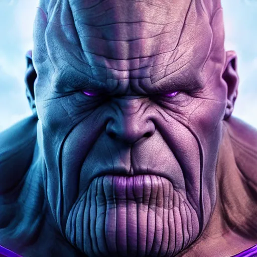 Image similar to thanos face hyperrealistic portrait, photo realistic, poster, artstation, volumetric lighting, digital art, very detailed face by magali villeneuve