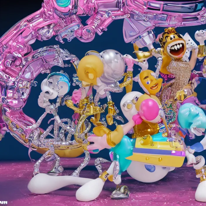 Prompt: jeff koons hip hop bauhaus style street sharks sailor moon wearing diamond grillz and a ton of bussdown iced gold bling in wallace & gromit strata - cut claymation, concept art, intricate details, serious, highly detailed, photorealistic, octane render, 8 k, unreal engine, art by todd mcfarlane
