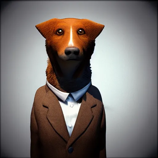 Image similar to “a realistic photo portrait of furry dog wearing a suit jacket, unreal engine”