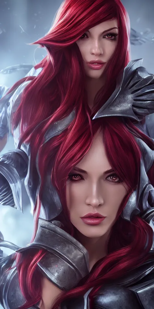 Image similar to Katarina from League of Legends, photorealistic studio portrait, studio lighting, unreal engine 5, hyperrealistic, dynamic lighting, white ambient background, realistic, highly detailed