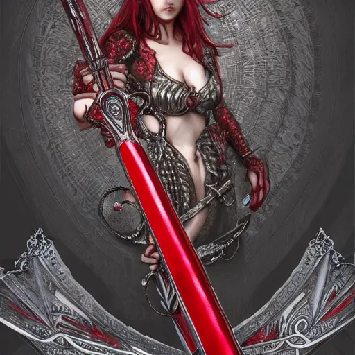 Image similar to red fantasy sword, intricate, elegant, highly detailed, digital painting, 4k, HDR, concept art, detailed jewelry, smooth, sharp focus, illustration, art by Artgerm, H R Giger and Alphonse Mucha