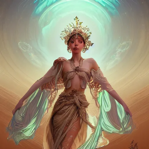 Prompt: a goddess dancing in the desert, glowing eyes, fantasy, intricate and very beautiful and elegant, highly detailed, digital painting, artstation, concept art, smooth and sharp focus, illustration, art by tan zi and ayanamikodon and alphonse mucha and wlop