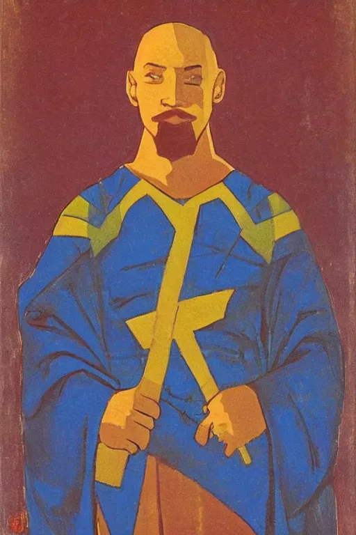 Image similar to thor with hammer, marvel, artwork by nicholas roerich,