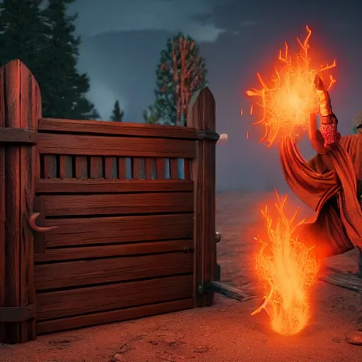 Image similar to A wizard launching a fireball at a giant wooden gate, 4k, highly detailed, octane render