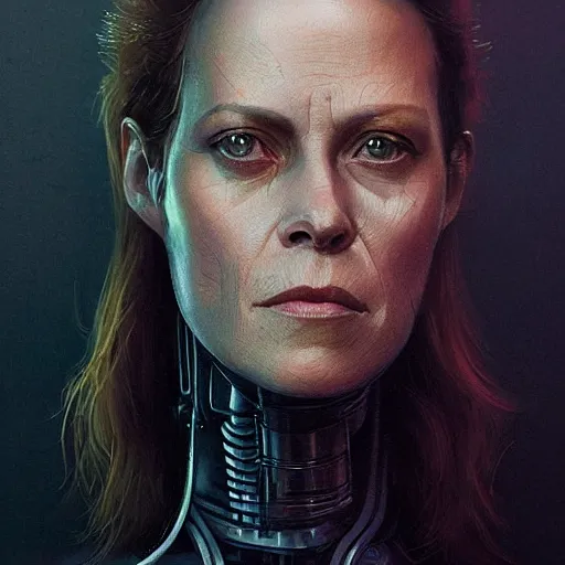 Prompt: portrait of a woman by greg rutkowski, she looks like sigourney weaver, she is wearing a cybernetic knight armor, highly detailed portrait, digital painting, artstation, concept art, smooth, sharp foccus ilustration, artstation hq