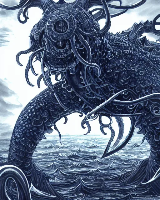 Image similar to A huge blue kraken in a vast sea, terrifying, black and white, fantasy art, monster art, in the style of masami kurumada, illustration, epic, fantasy, intricate, hyper detailed, artstation, concept art, smooth, sharp focus, ray tracing