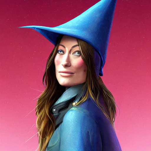 Prompt: A portrait of Olivia Wilde wearing a wizard hat, extra detailed, digital illustration, by Makoto Shinkai and thomas kinkade, digital painting, Matte painting, trending on artstation and unreal engine