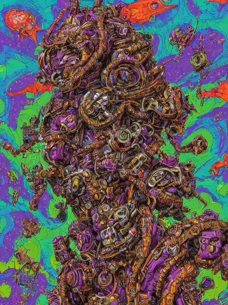 Image similar to hyper-maximalist lowbrow style overdetailed 3d sculpture of a monster by clogtwo and ben ridgway inspired by beastwreckstuff chris dyer and jimbo phillips. Cosmic horror infused retrofuturist style. Hyperdetailed high resolution. Render by binx.ly in discodiffusion. Dreamlike surreal polished render by machine.delusions. Sharp focus.