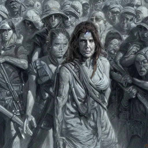 Image similar to woman among the horde, by James Gurney