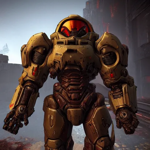 Image similar to doom slayer in power armor, doom eternal and fallout 4 crossover, photography