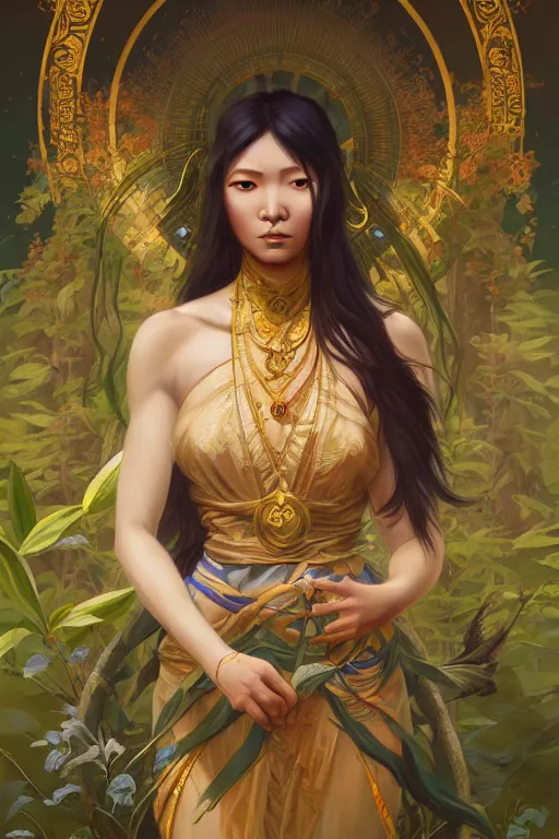 Image similar to asian goddess of nature, accurate anatomy, only two hands, highly detailed, digital painting, artstation, concept art, smooth, sharp focus, illustration, Unreal Engine 5, 8K, art by Ross Tran and greg rutkowski and alphonse Mucha