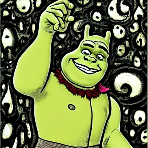 Image similar to shrek in style of junji ito