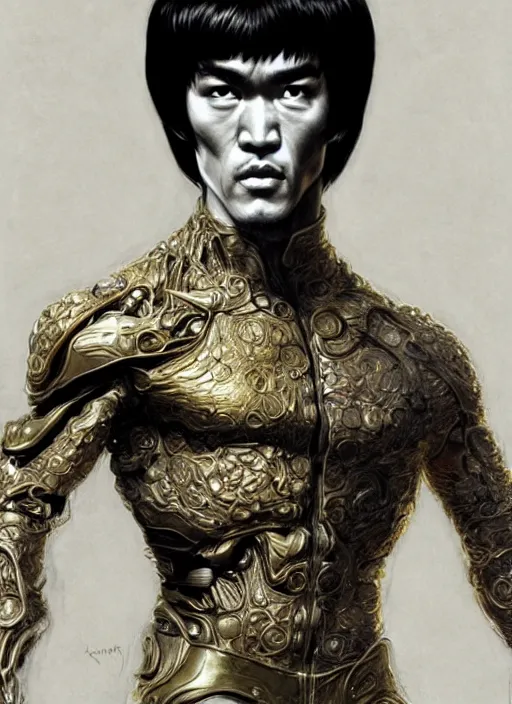 Image similar to bruce lee as a organic cyborg, diffuse lighting, fantasy, intricate, elegant, highly detailed, lifelike, photorealistic, digital painting, artstation, illustration, concept art, smooth, sharp focus, art by john collier and albert aublet and krenz cushart and artem demura and alphonse mucha