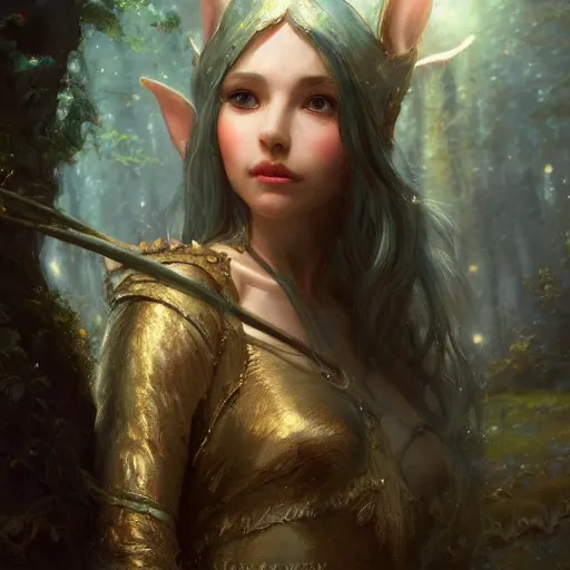 Prompt: an oil painting of a portrait of a gorgeous medieval european elf princess, fairy tale, dreamy light, by wlop, greg rutkowski, thomas kinkade, super detailed, 3 d, hdr on, 4 k wallpaper