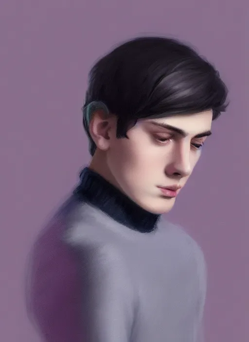 Image similar to portrait of teenage jughead jones wearing a light grey crown, crown, blue turtleneck, closed eyes, photorealistic, black hair, glowing lighting, intricate, elegant, glowing lights, highly detailed, digital painting, artstation, concept art, smooth, sharp focus, illustration, art by wlop, mars ravelo and greg rutkowski