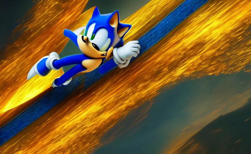 Prompt: a stunning cinematic closeup of sonic, movie scene, high details, Raytracing, octane render, vivid colors, 32k, denoise, 3d shaders, ambient occlusion, 3d reflections, sub surface scatter, renderman, visual effects, lens flare, halation, chromatic aberration, high sample render, deep colors, dramatic lighting