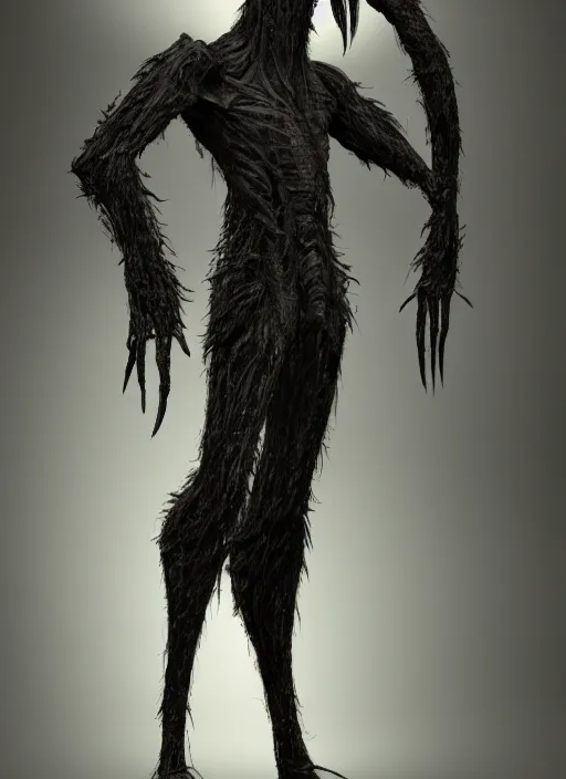 Image similar to tall bipedal creature in the darkness, long claws, large long pointy teeth, drooling, hunched over, dark cavern, no hair, dark skin, no light, highly intricate, detailed, 8 k