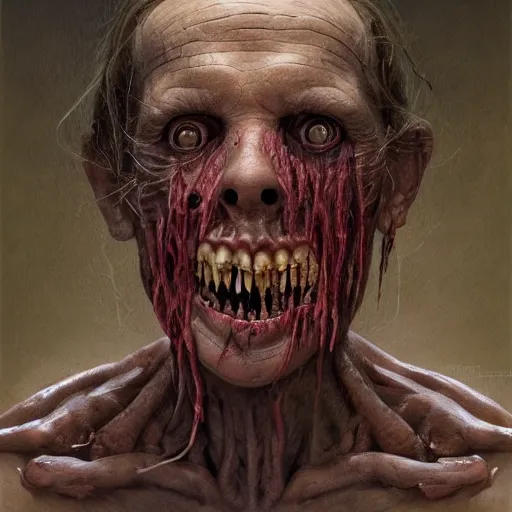 Image similar to a portrait of donald trump's, flesh eating worms, macabre, horror saw teeth, horror rotten teeth, peeling face skin, by donato giancola and greg rutkowski and wayne barlow and zdzisław beksinski, realistic face, visible face, digital art, artstation, symmetry