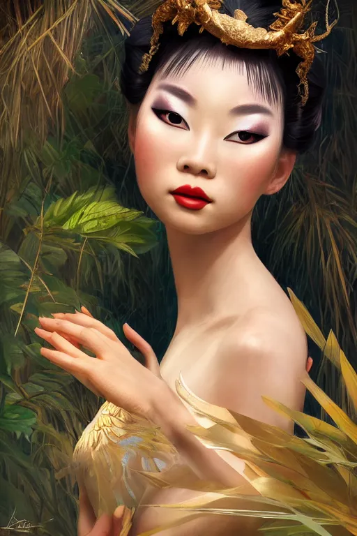 Image similar to stunningly beautiful, inuit geisha prima ballerina in jungle, symmetrical face, golden hour, smooth, focus, highly detailed, hyper realistic, dramatic lighting, elegant, intricate, concept art, art by wlop, mars ravelo, greg rutowski, artstation