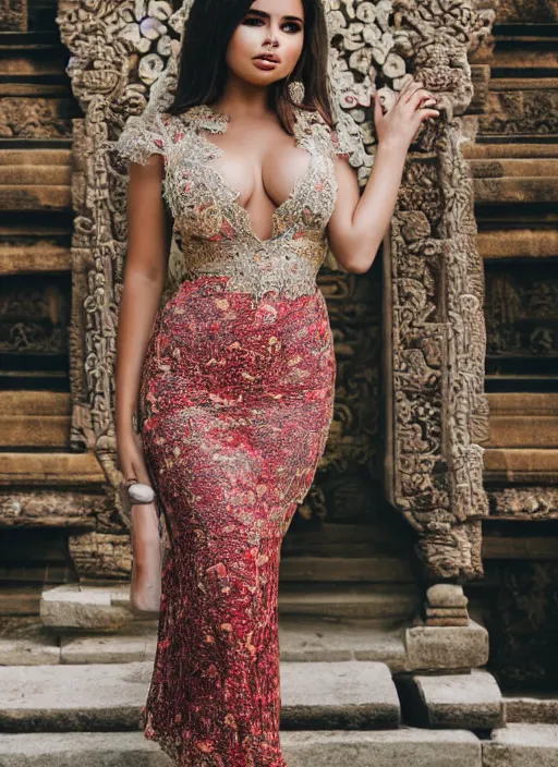 Image similar to portrait of demi rose wearing kebaya in bali temple, by charlotte grimm, natural light, detailed face, beautiful features, symmetrical, canon eos c 3 0 0, ƒ 1. 8, 3 5 mm, 8 k, medium - format print, half body shot