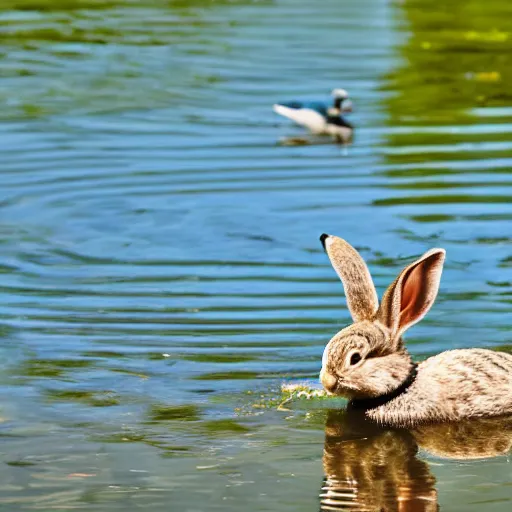 Prompt: high detailed photo of a rabbit relaxing at a nearby lake with a duck.