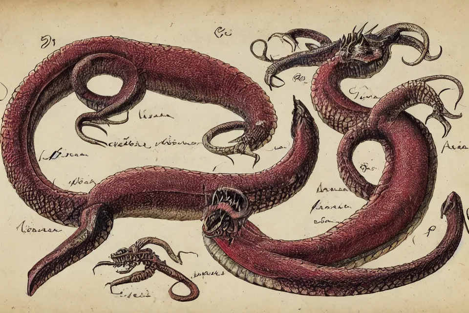 Image similar to Vintage, detailed, colored sketch of Ouroboros anatomy, full body, with full descriptions, on parchment.