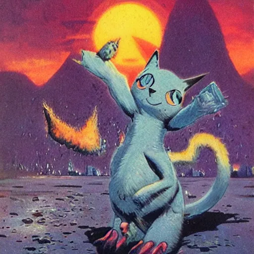 Prompt: pokemon cat humanoid by bruce pennington and paul lehr