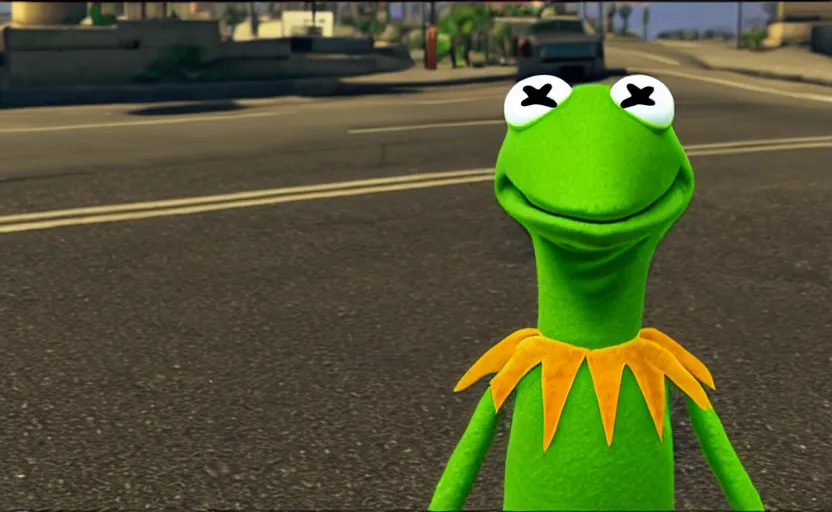 Image similar to kermit the frog in gta san andreas, cinematic shot, 4 k