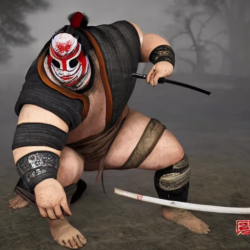 Prompt: faceless, tetsubo wielding masked female shugoki squatting, o - yoroi, kabuto, forhonorgame, rubenesque, ukiyo - e, cgsociety