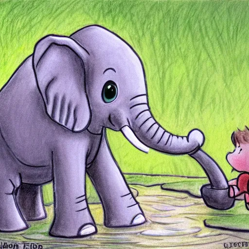 Prompt: a cartoon picture of a baby elephant drinking from a pond, a child's drawing by stan and jan berenstain, pixiv, furry art, childs drawing, furaffinity, storybook illustration