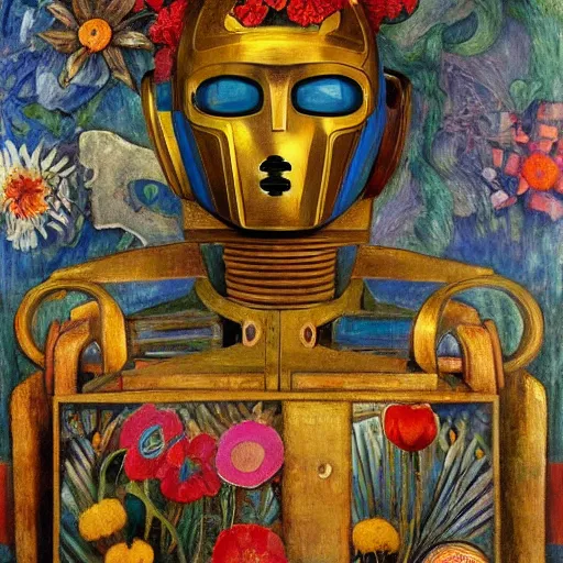 Image similar to a painting of a robot wearing a mask made of flowers, by annie swynnerton and diego rivera, symbolist, dramatic lighting, elaborate geometric ornament, art brut, soft cool colors, smooth, sharp focus, extremely detailed, adolf wolfli