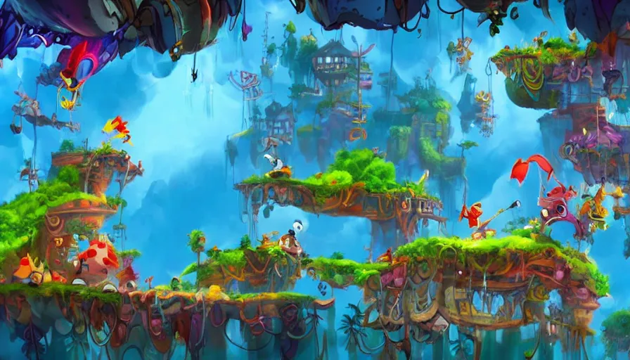 Image similar to backgrounds for animation in the style of rayman game series, background concept art, Rayman Legends, Rayman Origins, lively, joyful, colorful, jungles, cities, highly detailed, intricate, plants, colorful houses