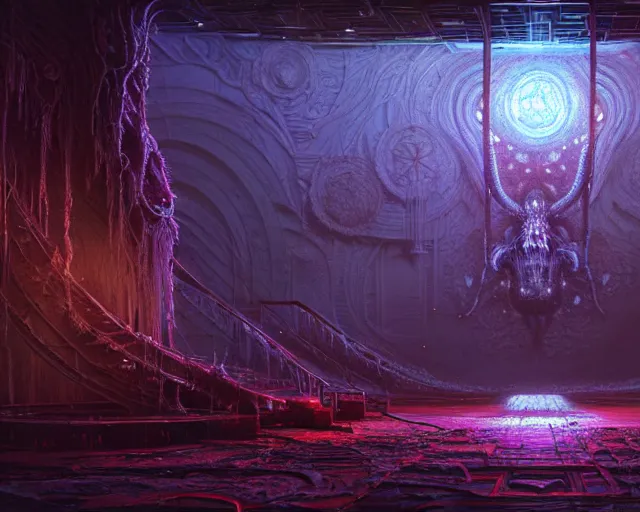 Prompt: cosmic horror aggressive organism in an abandoned space, volumetric lighting, intricately detailed, cosmic horror, vibrant colors, Art station, Epic scale, art by Greg Rutkowski, art by Ruth Asawa, art by Ted Nasmith, art by H.R. Giger, Octane render, Unreal Engine 3D, 8k,