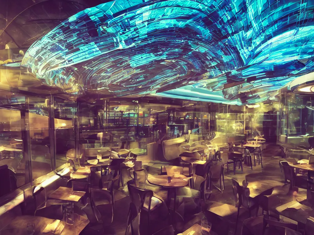 Image similar to visors with curved translucent screens playing detailed sci - fi art ( 2 0 4 2 ), pixel perfect photograph, high contrast, volumetric lighting, thin glowing lights, restaurant, chairs, users, pair of keys