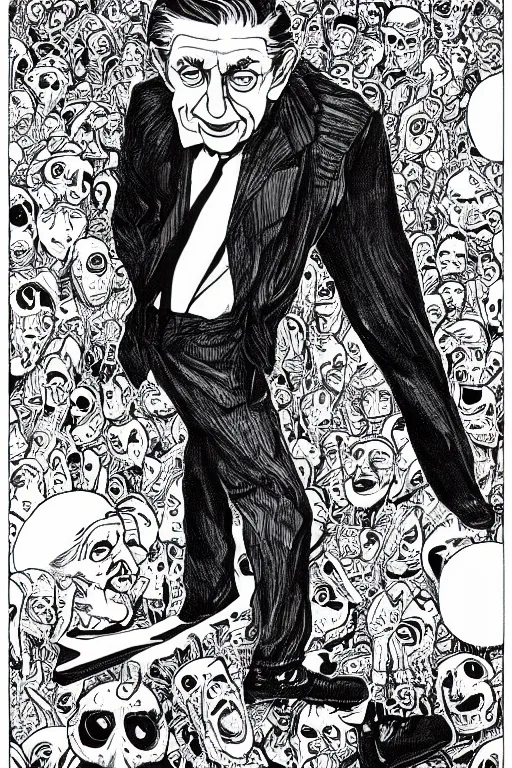 Image similar to George Soros full body portrait, body horror, black and white Illustration by Junji Ito