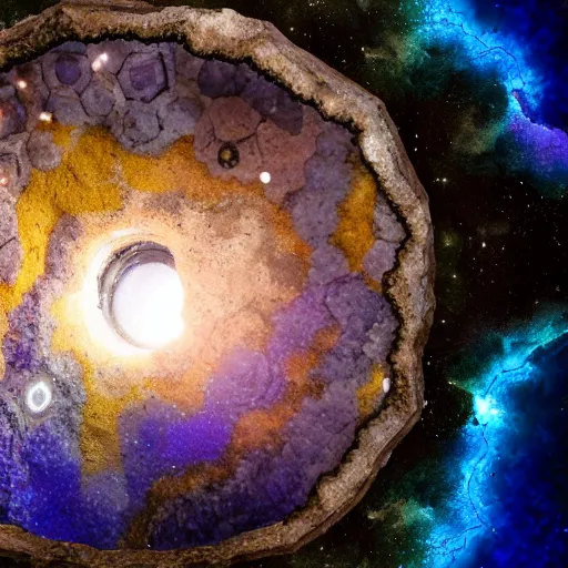 Prompt: Geode portal, Hubble photo background, volumetric lighting