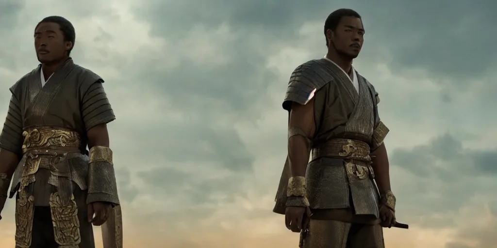 Prompt: a film still of a black man starring in a japanese blockbuster film as san ancient samurai, shallow depth of field, cinematic, award winning cgi, vfx, film still