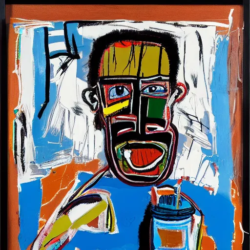 Prompt: Sunset in the studio. Sunlight is pouring through the window lighting the face of an angry man drinking from a blue cup of coffee. Detailed and intricate brush strokes, oil paint and spray paint, markers, paper collage, crayon transfer on canvas. Painting by Basquiat, 1986