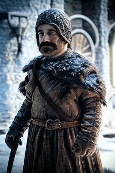 Image similar to “ very very intricate photorealistic photo of a realistic human version of super mario in an episode of game of thrones, photo is in focus with detailed atmospheric lighting, award - winning details ”