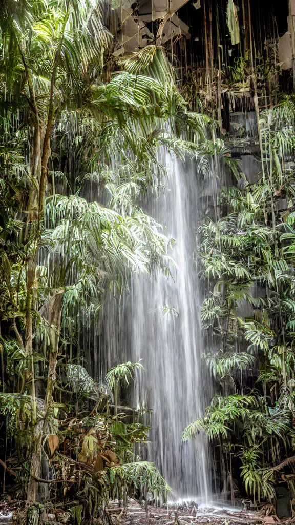 Prompt: 35mm photo of a waterfall in a decaying abandoned mall, with interior potted palm trees, indoor, dappled sunlight, faded colors