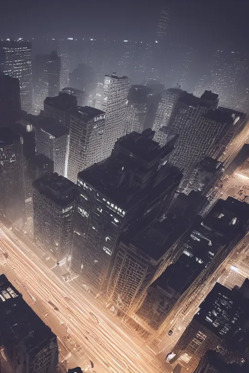 Image similar to night city without lights in fog, tall buildings, high details, cinematic, 8k resolution, beautiful detailed, insanely intricate details,