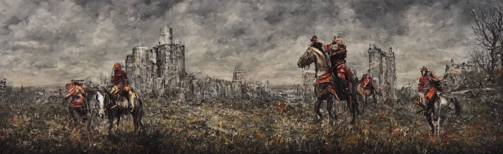 Image similar to horseback knights at scenic overlook; cloudy, grey skies, walled fort city deteriorating office buildings in background on hill; forest; la Bastille, post apocalyptic, grungy; oil on canvas, colorful, artstation