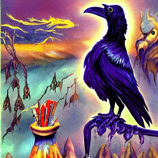 Image similar to fantasy painting of a raven by dr seuss | horror themed | creepy