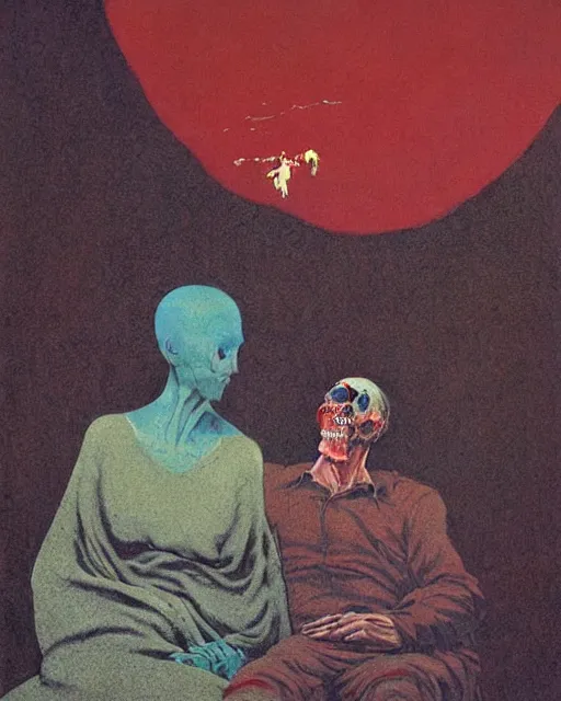 Image similar to early color photo of an old dead couple sitting on a couch in an old soviet apartment and looking at the scared enlightened boy flying up in sky, Beksinski impasto painting, part by Adrian Ghenie and Gerhard Richter. art by Takato Yamamoto, masterpiece