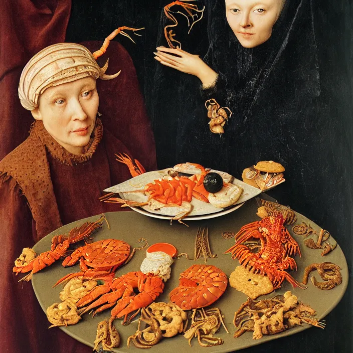 Image similar to a closeup portrait of a horned woman, holding a plate of weird cookies, lobster cookie, shrimp cookie, jellyfish cookie, by jan van eyck